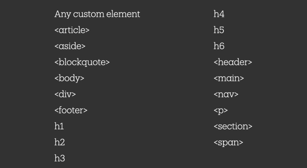 A two-column list of element tags indicating elements that support the Shadow DOM.